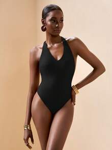 Zivah Women's Solid Color Ruched One-Piece Swimsuit, Suitable For Beach Vacation Vacation, Pool Party, Beach Party Black Summer Tropical - Black - View 4
