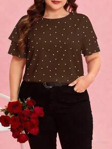 Reflora Plus Size Women's Solid Color Polka Dot Print Round Neck Double Layer Ruffle Sleeve Short Sleeve Blouse - Brown - View 3