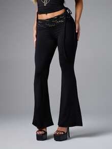 BABYPHAT Fold Over Printed Waist Flare Leggings With Logo Script Detail And Side Tie Strings - Black - View 2
