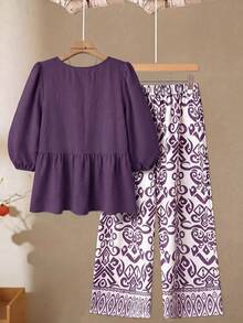 Linhara Women's Plus Size Solid Color Top With Front Bow Tie & Floral Print Wide Leg Pants Casual 2-Piece Set Fall - Purple - View 2