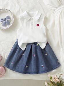 SHEIN Genkimix Kids 少女 Polo 裙套裝 夏季新品 可愛甜美風 白色羅紋針織無袖上衣 繽紛花朵刺繡 淺藍色牛仔百褶裙 鬆緊腰 柔軟舒適 休閒日常上學度假旅行穿搭 - 白色 - 查看 9