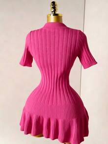 Mistrie Women's Knit Pearl Button Ribbed Orange Pleated Short Sleeve Mini Sexy Fitted Minimalist Sweater Dress - Hot Pink - View 2