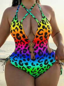 SHEIN Swim 2026新款大尺碼女款海灘度假豹紋隨機圖案鏤空掛脖綁帶腹部金屬裝飾側抽繩性感時尚一件式泳衣 - 彩色 - 查看 1