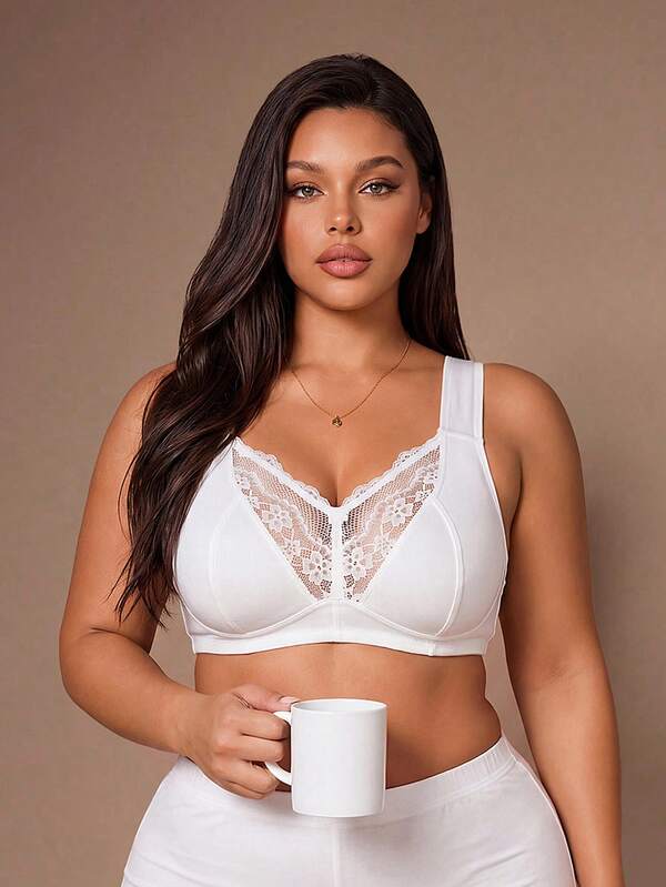 Lazeform 1pc Women's Lace Patchwork Wire-Free Comfortable Plus Size Bra