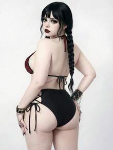 ROMWE Goth 女款大尺碼素色單件抽繩三角比基尼泳褲，適合度假與海灘穿著 - 黑色 - 查看 2