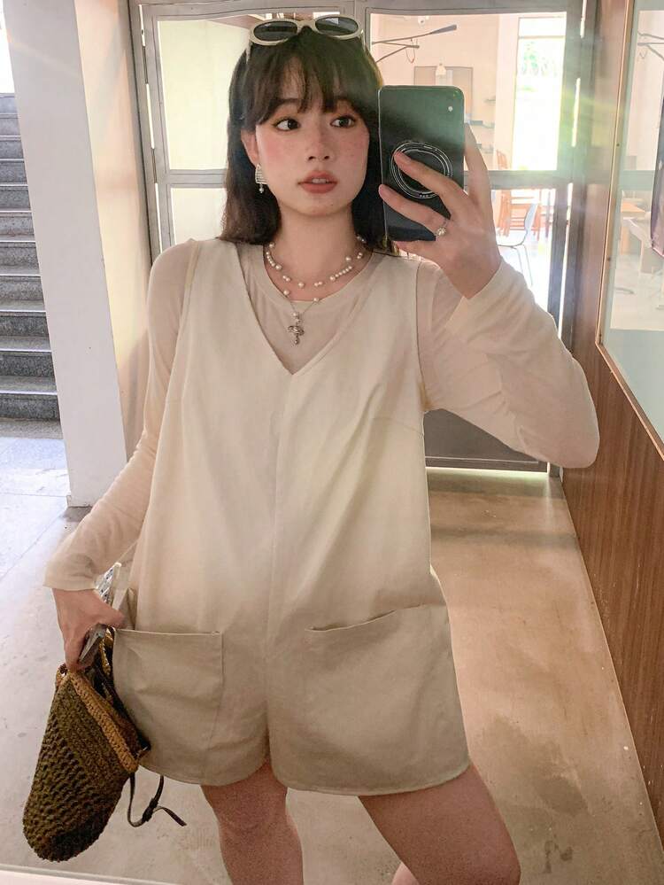 Dazy Plus Solid Color V-Neck Sleeveless Pocket Short Plus Size Women's Spring Summer Casual Jumpsuit