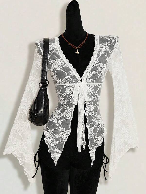 SHEIN ICON Y2k Women's Western Country Concert Boho Hippie Goth Sheer Burgundy Sexy Lace Twist Front Long Sleeve Cardigan