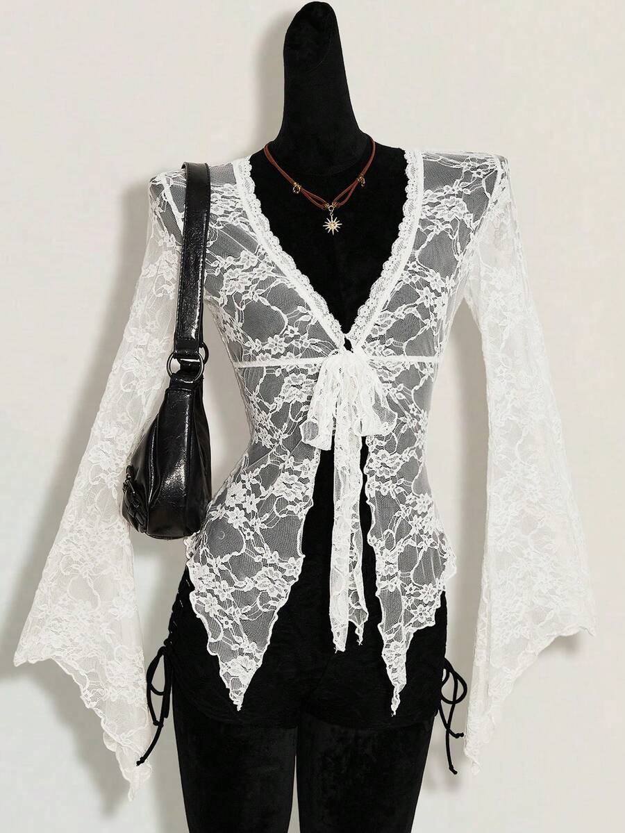 SHEIN ICON Y2k 女款西式鄉村音樂會波希米亞嬉皮哥德風透視酒紅色性感蕾絲扭結前襟長袖開襟衫 - 白色 - 查看 1