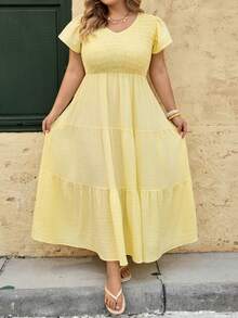 SHEIN CURVE+ Plus Size Women's Butter Yellow Romantic 1950s Vintage Traditional 1920s Spring Ruffle Pink Mid Length Skirt, Bohemian Style, Summer Dress, Vacation - Yellow - View 8