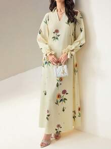 Al Najma Women's Casual Vacation Floral Print V-Neck Butterfly Sleeve Loose Arabic Style Dress, Spring/Autumn - Multicolor - View 4