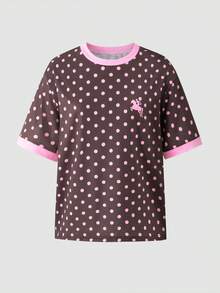 SHEIN Tween Girl Vintage Sweet Casual Dot Pattern Print & Pink Striped Horse Riding Print Short Sleeve T-Shirt And Flare Pants 2-Piece Set, Suitable For Spring, Summer, Autumn - Multicolor - View 10