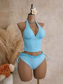 Swim Mod 夏季海灘女款兩件式泳衣套裝 黑白波點印花荷葉邊上衣 側抽繩比基尼泳褲 - 寶藍色 - 查看 4