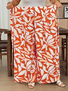 SHEIN CURVE+ Plus Size Women's All-Over Print Casual Versatile Daily Travel Long Pants Fall - Multicolor - View 3