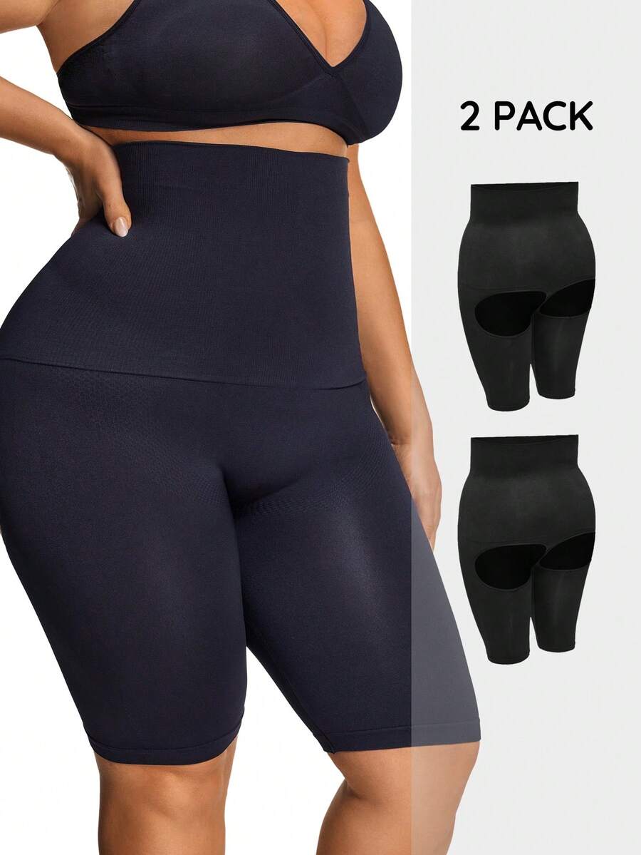 SHEIN 2 Packs Plus Size Seamless Cut-Out Mid Thigh Short Set Body Shaper Butt Lifter-Tummy Waist Thigh Control - Black - View 1