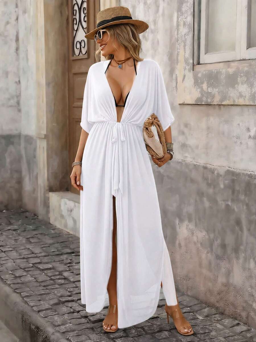 Swim Vcay Damens enfärgade plisserade avslappnade semesterstrandkimono cover-up - Vitt - Visa 1
