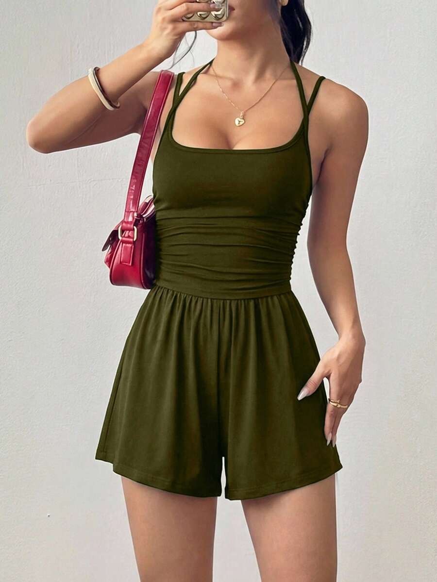 Flirla 春夏休閒性感抓皺寬鬆直筒無肩帶連身褲 外出度假用 橄欖綠 - 軍綠色 - 查看 1