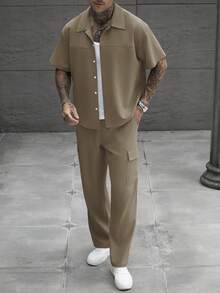 SLATEMANN 男士素色單排扣短袖襯衫與長褲休閒日常套裝 - 咖啡棕 - 查看 3