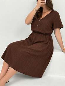 Shapeblank Plus-Size Women's Spring/Summer Fashionable Casual Western Loose Comfortable Everyday Basic Versatile Textured Fabric Brown V-Neck Midi Dress - Brown - View 7