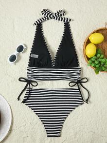 Swim Lushoire Conjunto de Bikini de unicolor con Textura para Playa de Verano y Festival de Música - Blanco y Negro - Ver 5