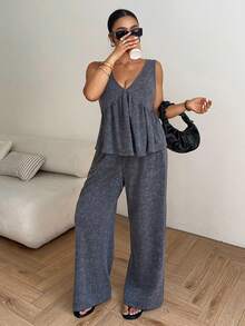 Dazy Plus Blogger Style Casual 2-Piece Set, V-Neck Sleeveless Crop Top And Elastic Waist Loose Long Pants, Plus Size Women Spring/Summer - Dark Grey - View 10