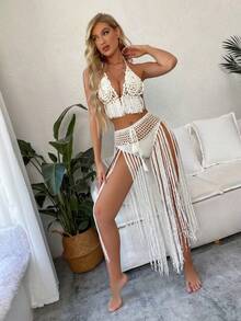 SHEIN Swim 夏季 2 件套手工鉤編白色比基尼罩衫，海灘派對性感波希米亞風 - 白色 - 查看 4