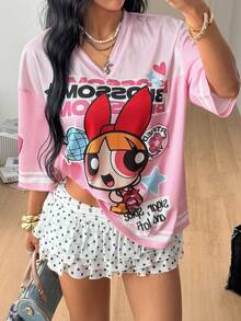 Coolane THE POWERPUFF GIRLS X SHEIN 女款 Blossom 圖案粉色 V 領寬鬆短袖 T 恤，可愛休閒街頭風，適合籃球與西部節慶，居家、返校、復古復古風穿搭 - 彩色 - 查看 4