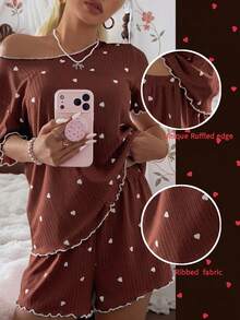CottageSlumber Set Piyama Wanita Lengan Pendek Motif Hati Kecil Bergaris Longgar dengan Jahitan Rapat Warna Putih - Coffee Brown - View 2