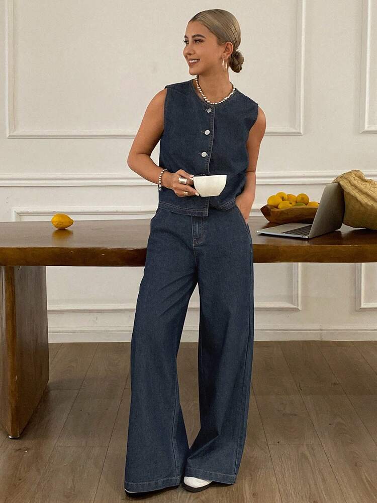 Women's Round Neck Sleeveless Open Front Denim Vest And Long Straight Leg Pants Casual Vacation Suit