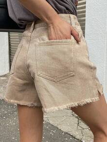 Dazy Tall 女款毛邊開衩休閒牛仔短褲，適合高個女性夏季穿著 - 卡其色 - 查看 10