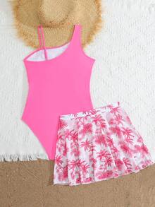 SHEIN 青少年女孩一件式泳衣，度假休閒風單肩細肩帶設計，側面白色花瓣鏤空裝飾，搭配椰子樹網紗裙，2件套，適合游泳、夏季度假、夏季海灘與海邊 - 粉色 - 查看 2