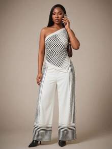 Radiana Ensemble 2 pièces grande taille pour femmes, mode printemps/été, décontracté élégant, Top asymétrique et pantalon assorti à taille élastique avec imprimé dégradé à pois, convient pour le travail, le bureau et les sorties décontractées - Noir et Blanc - Voir 5