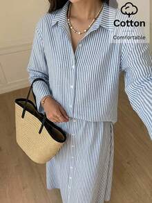 Solavon Women's Blue And White Striped Dropped Shoulder Long Sleeve Single-Breasted Shirt And Skirt Casual Modest Two Pieces Set Vacation - Blue and White - View 8