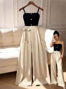 Elenzga Women's Casual Elegant Contrast Color Spaghetti Strap Wide Leg Jumpsuit With Belt, Suitable For Office, Party, Vacation And Special Occasions, Casual And Formal Summer Outfit, Perfect For Office, Business Casual, Evening Party And Formal Occasions, Summer Exquisite Outfit, Suitable For Office, Party, Vacation And Special Occasions - Multicolor - View 1