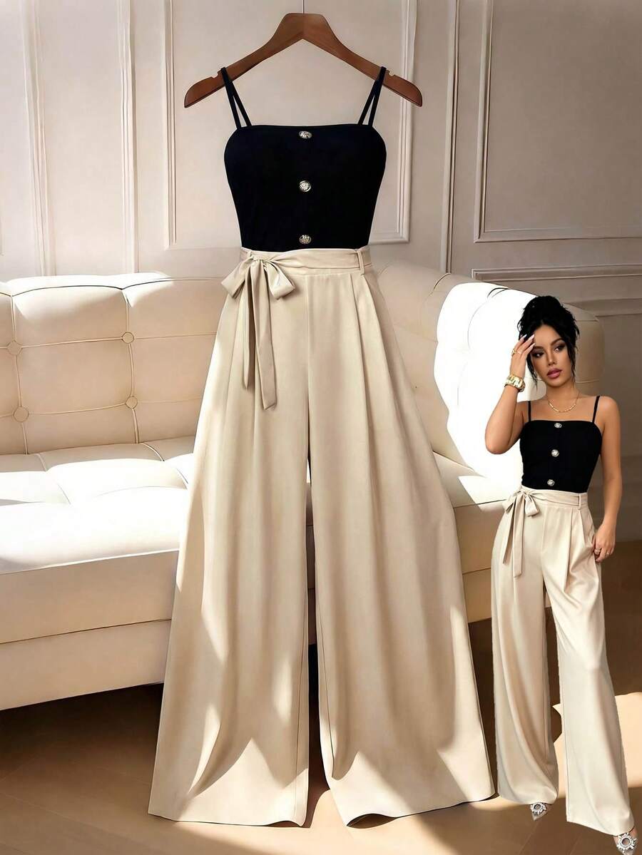 Elenzga Women's Casual Elegant Contrast Color Spaghetti Strap Wide Leg Jumpsuit With Belt, Suitable For Office, Party, Vacation And Special Occasions, Casual And Formal Summer Outfit, Perfect For Office, Business Casual, Evening Party And Formal Occasions, Summer Exquisite Outfit, Suitable For Office, Party, Vacation And Special Occasions - Multicolor - View 1
