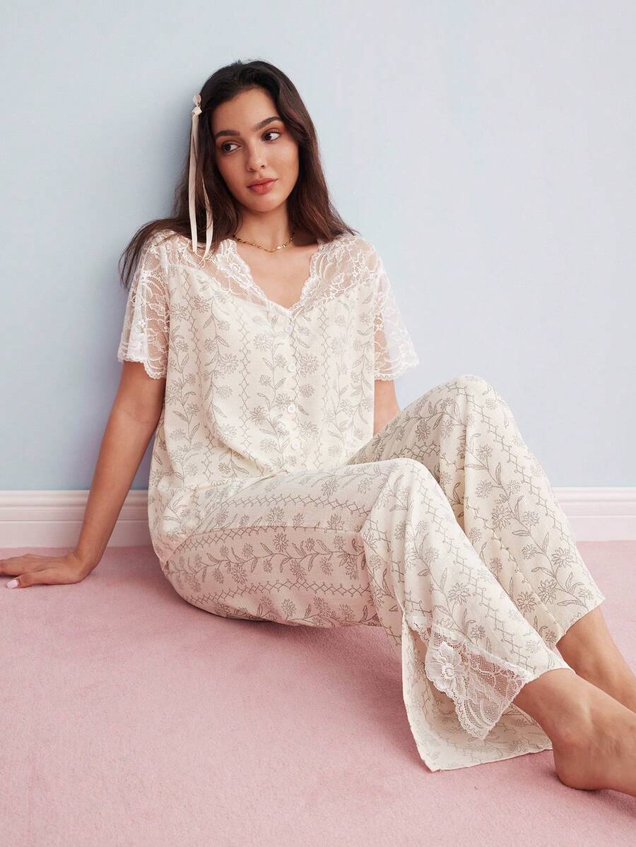 Elorette Conjunto de pijama con hombros descubiertos, manga corta, encaje floral de glicinia y parches semitransparentes - Albaricoque - Ver 1