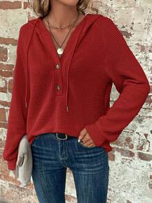 SHEIN Clasi Sudadera casual versátil de uso diario con capucha y cordón de unicolor para mujer talla grande - Rojo - Ver 4