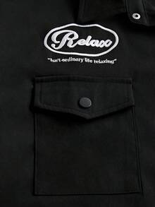 SWAVVY Conjunto de camisa de manga corta con bolsillo y botones de un solo pecho bordada y pantalones cortos con bolsillo de parche y botones para hombres - Negro - Ver 7