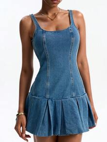 DAZY Vestido de mezclilla casual y sexy de unicolor con cintura ajustada y fruncido para mujer, para otoño, vacaciones, natación, pastel y escuela - Azul - Ver 4
