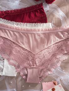 DesireSculpt Women's Lace Patchwork Bow Comfortable Plus Size Triangle Panties 3-Pack - Multicolor - View 5
