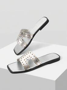 MOTF SANDALIAS PLANAS DE MODA DE VERANO PARA MUJER, CASUALES DE CALLE Y DESPLAZAMIENTO, CON DECORACIÓN DE REMACHES Y PUNTA ABIERTA, ZAPATOS DE PRIMAVERA - Plateado - Ver 9
