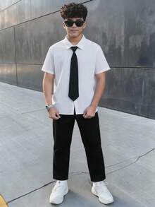 SHEIN 2件組兒童/青少年男孩休閒日常舒適立領開襟寬鬆短袖襯衫與直筒寬鬆長褲套裝 亞麻材質襯衫長褲套裝 適合生日派對、晚宴、表演、婚禮、洗禮、開幕典禮、日常穿著、上學、旅行、運動，適用於春夏季穿搭及開學季 - 彩色 - 查看 7