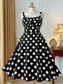 Rometta Plus Size Summer Casual Polka Dot Printed Sleeveless Dress - Black - View 4