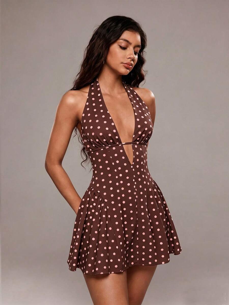 TRNVIE Women's Polka Dot Print Deep V-Neck Sexy Halter Dress - Coffee Brown - View 1