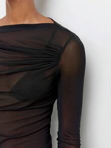 Maija Women's Asymmetric Design Neckline Shoulder Ruched Sheer Mesh Sexy Blouse, Vintage Old Money Teacher Style Romantic Fashion Summer Night Out Top - Black - View 9
