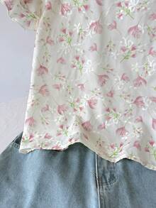 SHEIN Tween Girl Flower Print Round Neck Ruffle Sleeve Casual Cute Tropical Blouse, Holiday Style, French Chic, Suitable For Summer Ruffle Tops - White - View 6