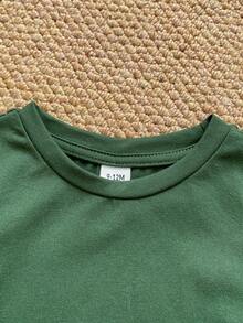 PrepCrw 2pcs Baby Boy/Girl Dark Green Summer Casual Work Soft Elastic Knit Crew Neck Short Sleeve Top And Pants Set,Decorative Embroidered Outing Vacation - Green - View 8