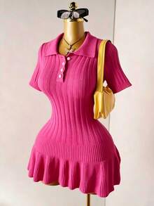 Mistrie Women's Knit Pearl Button Ribbed Orange Pleated Short Sleeve Mini Sexy Fitted Minimalist Sweater Dress - Hot Pink - View 4