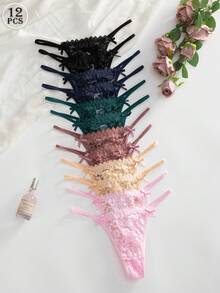 SHEIN 12件組浪漫性感蕾絲女用丁字褲內褲套裝 - 彩色 - 查看 2