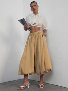 Hauture Pantalones de mujer sexy casuales de oficina de tela tejida lisa con cintura alta y forma de globo tipo burbuja - Caqui - Ver 2