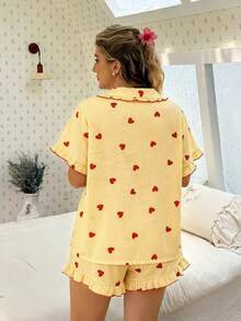 CottageSlumber Pink Heart Print Ruffle Collar Button-Up Short Sleeve Shorts Pajama Set Plus Size - Yellow - View 2